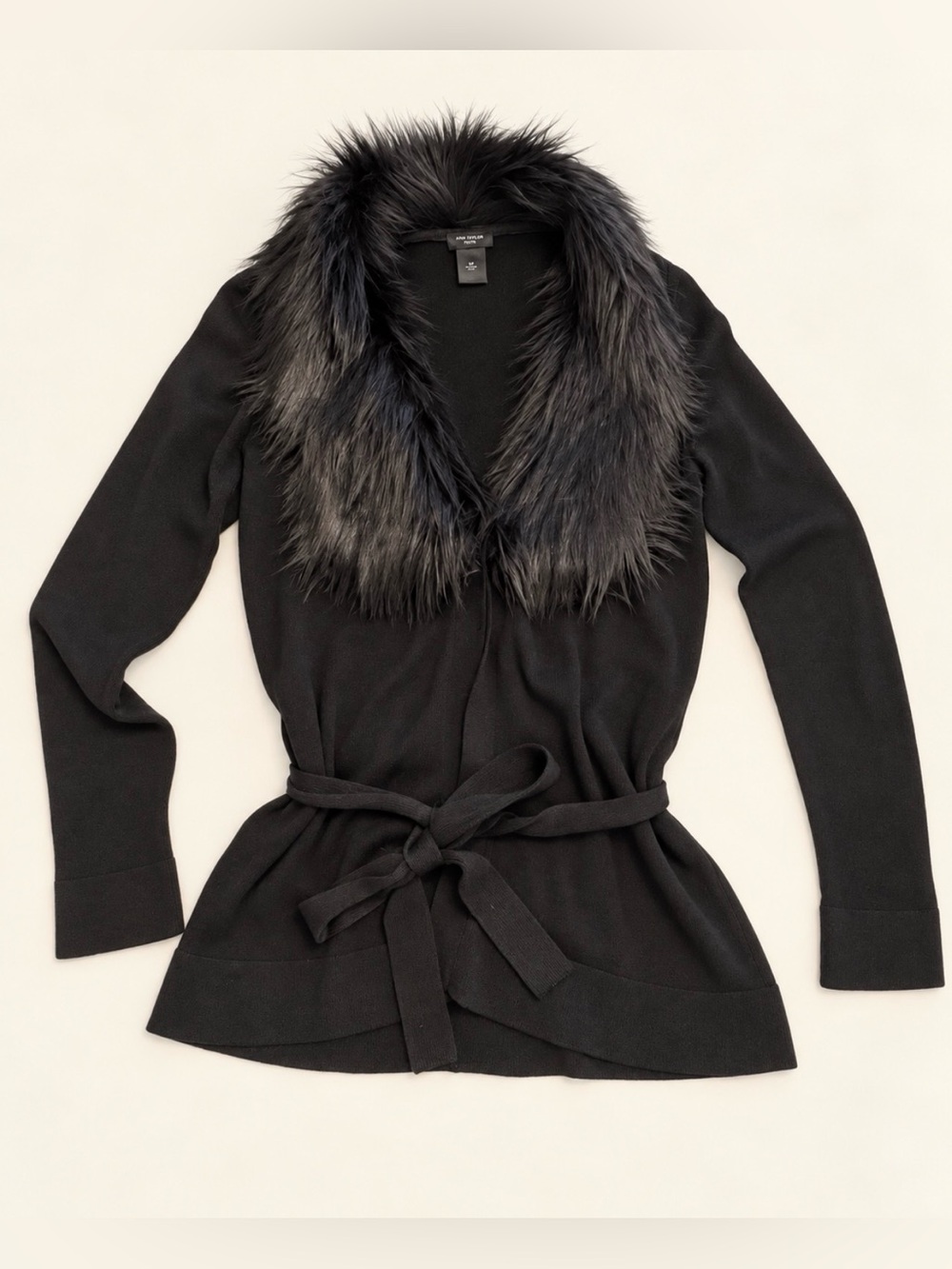 Ann Taylor Petite Black Faux Fur Collar Tie Waist Sweater MP